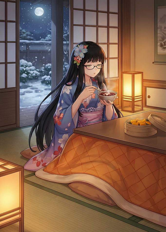 Girl in Kimono Eating by Kotatsu