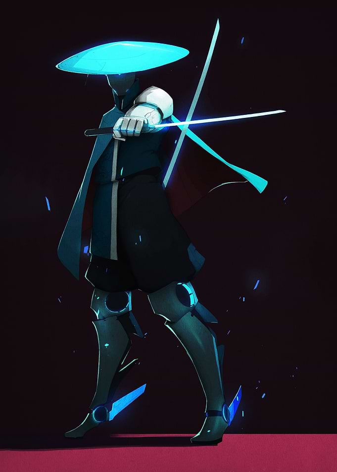 Cyberpunk Samurai with Glowing Swords