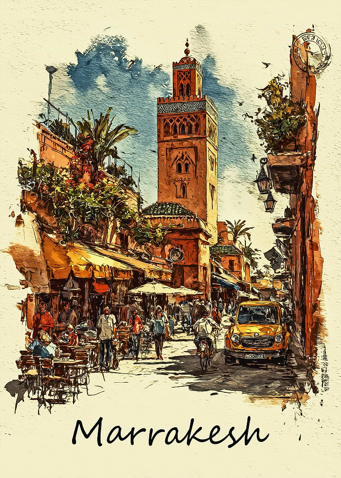 Marrakesh Street Scene with Koutoubia Mosque