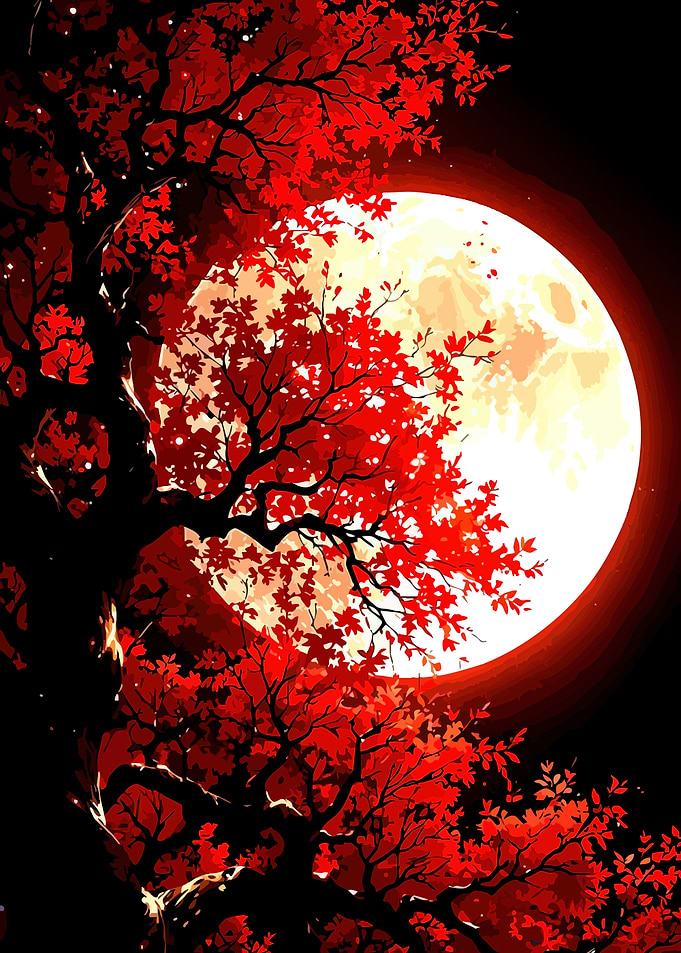 Red Maple Leaves Under a Full Moon