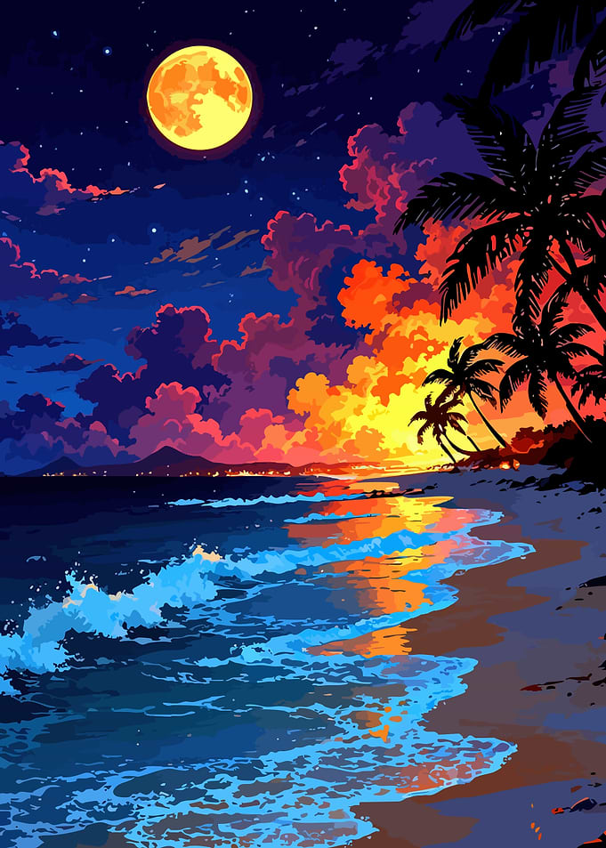 Tropical Beach Sunset with Full Moon