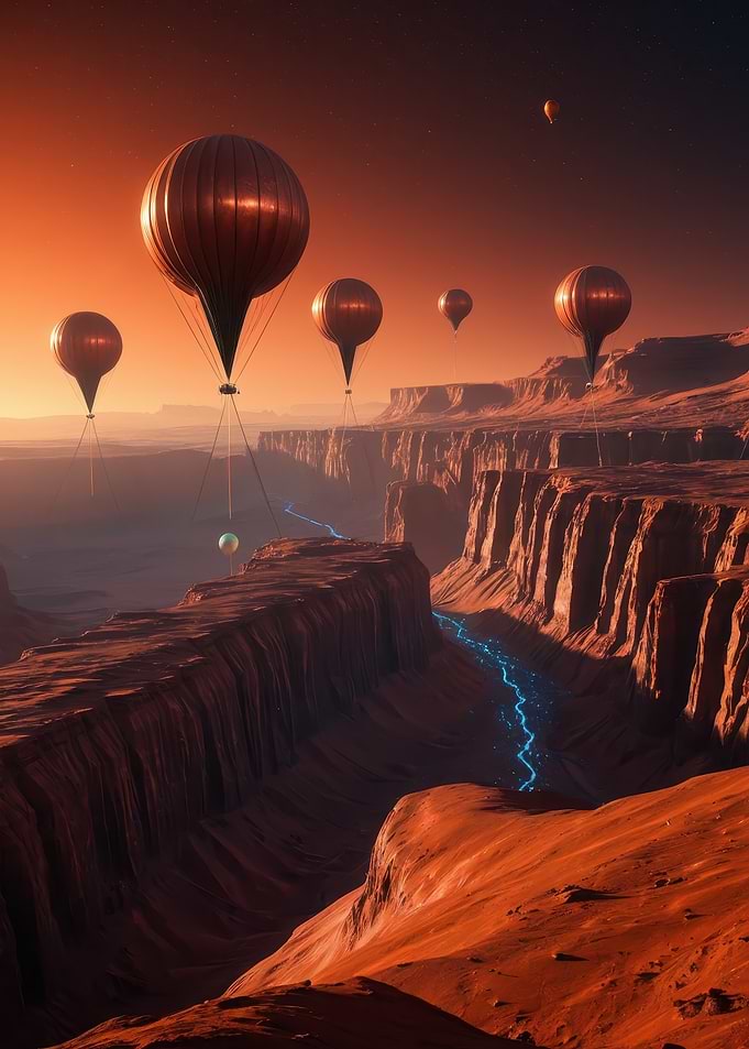 Floating Balloons Over an Alien Canyon — Surreal Orange Dusk Landscape