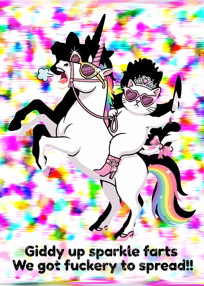 Funny Unhinged Cat with Knife Riding Unicorn - Giddy Up Sparkle Farts - IDGAF - Melted Rainbow Background