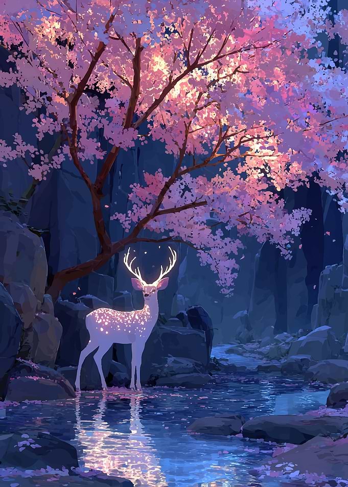 Enchanted Deer Under Cherry Blossoms