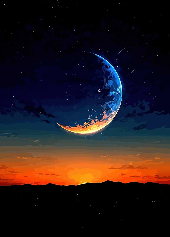 Crescent Moon Over Sunset Horizon