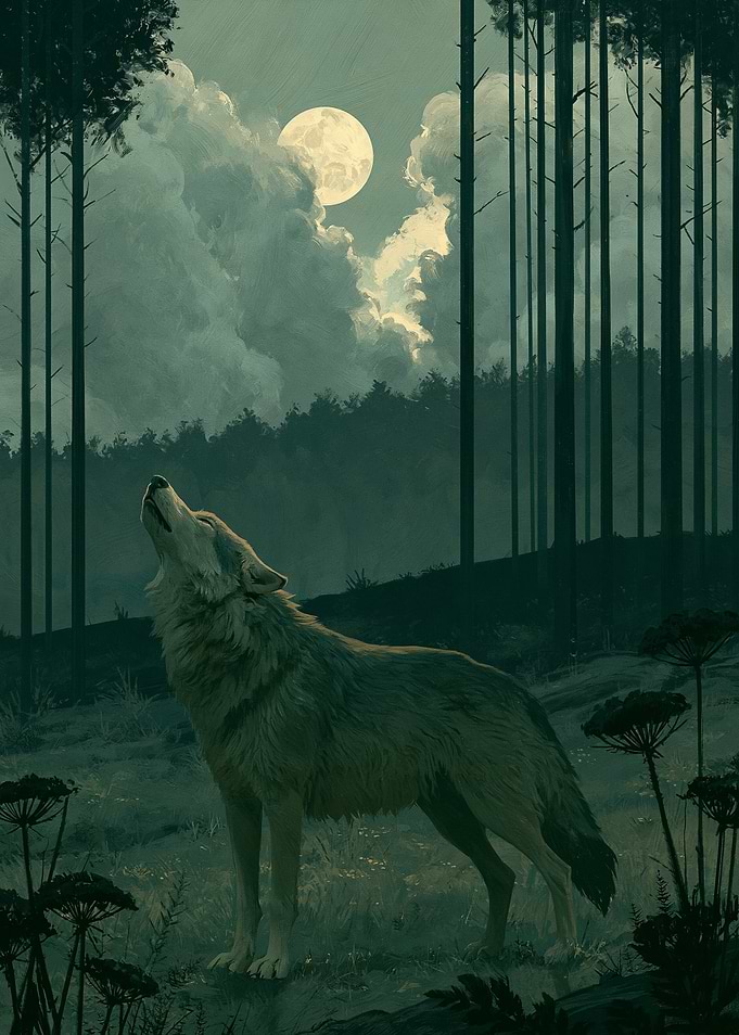 Wolf howling at the moon in a forest