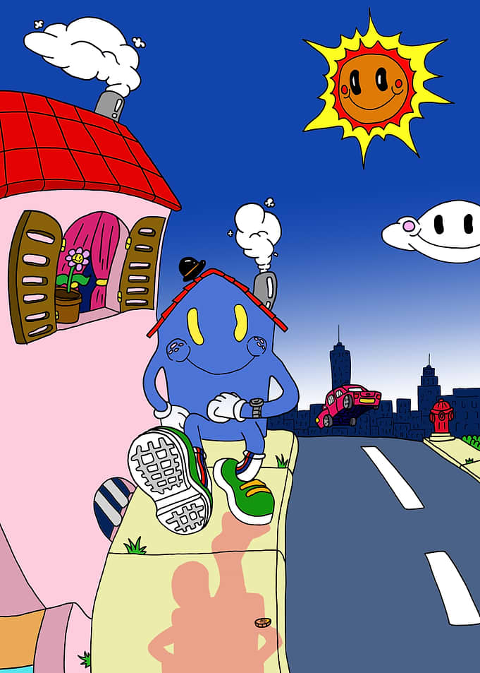 Blue House Character Sitting on Curb