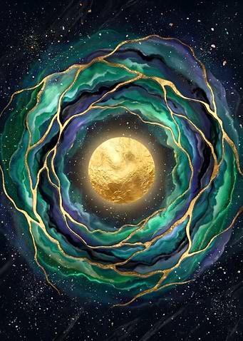 Cosmic Swirl with Golden Moon