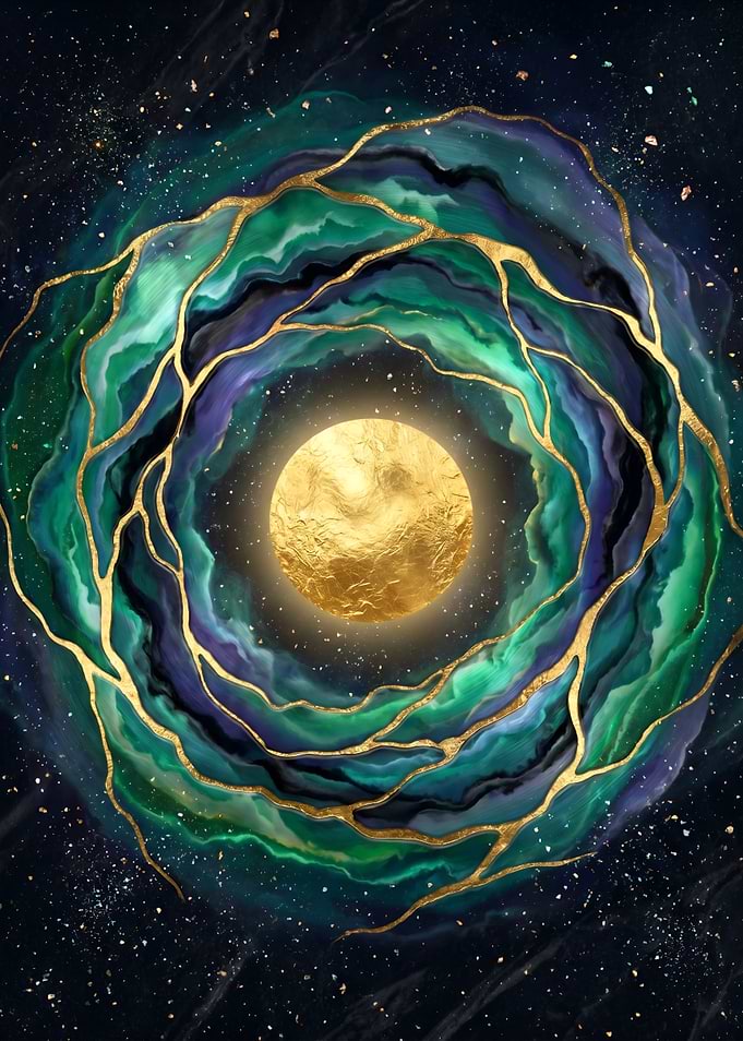 Cosmic Swirl with Golden Moon