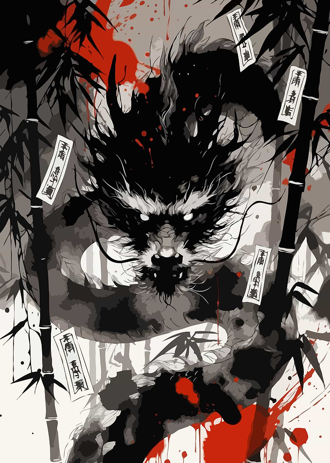 Dragon amidst Bamboo and Blood Splatter