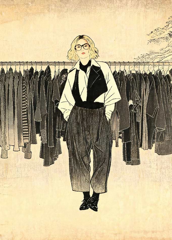 Woman in stylish outfit in front of clothing rack