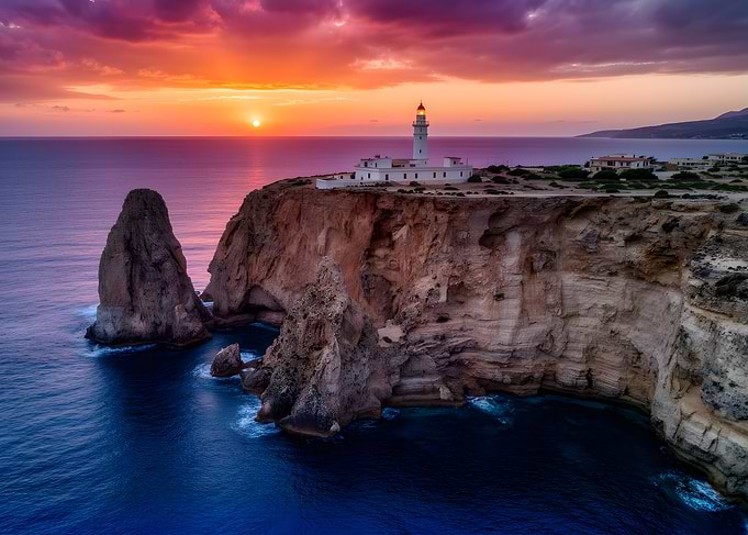 Lighthouse on a cliff at sunset