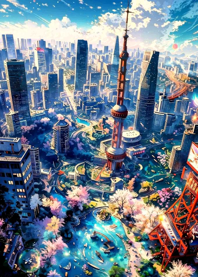 Anime Cityscape with Cherry Blossoms