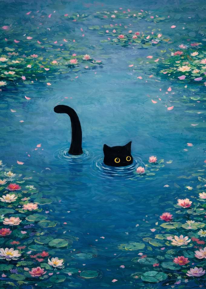 Black Cat in a Lily Pond