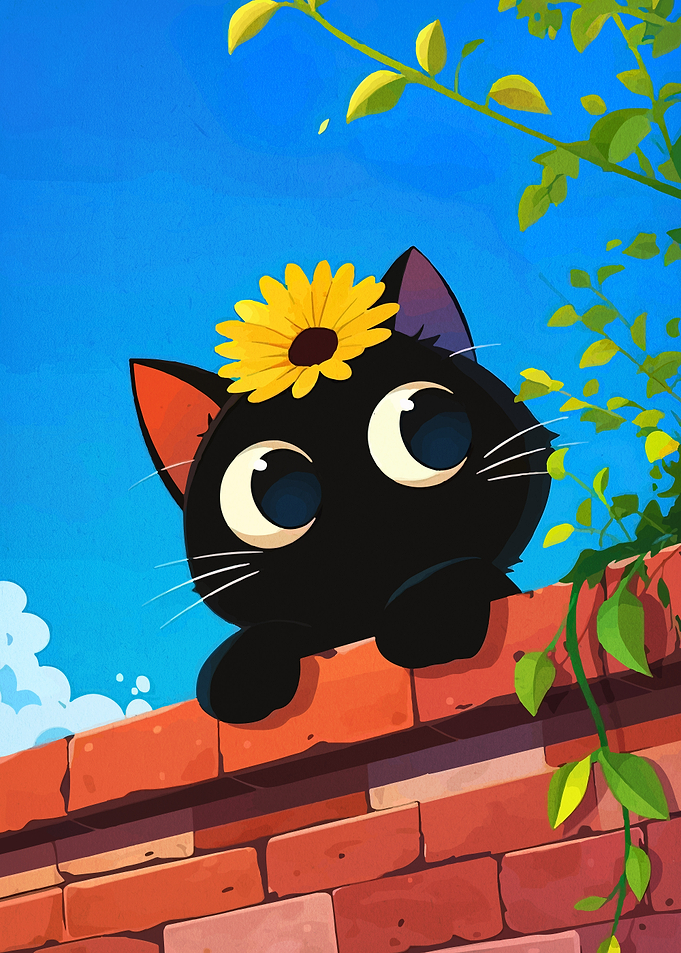 Cute Black Cat with Flower on Head