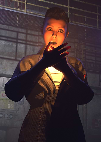 Shocked Woman summoning light in space station