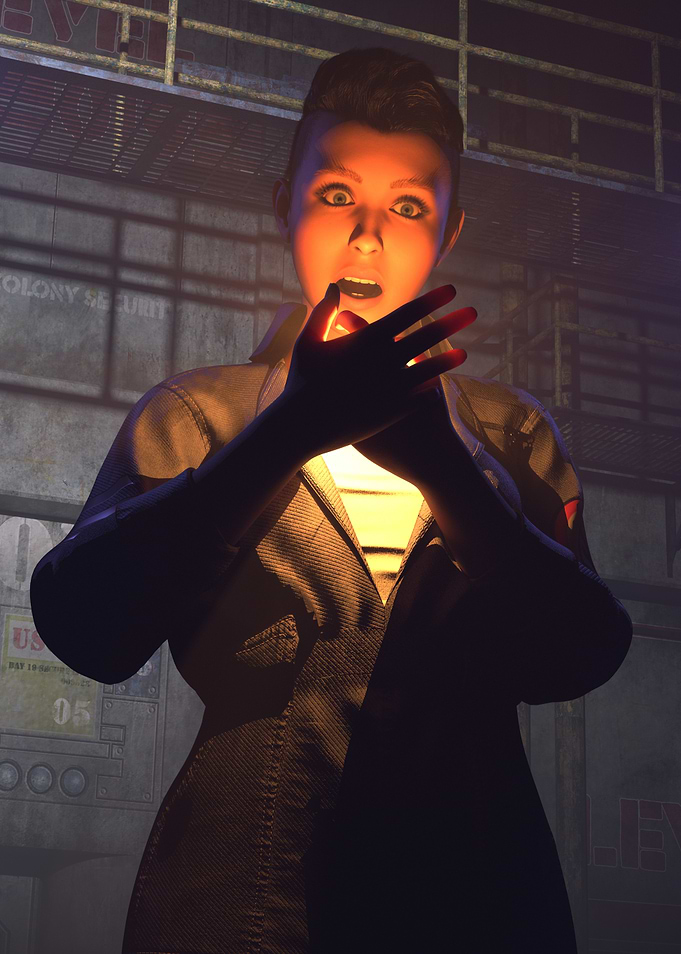 Shocked Woman summoning light in space station