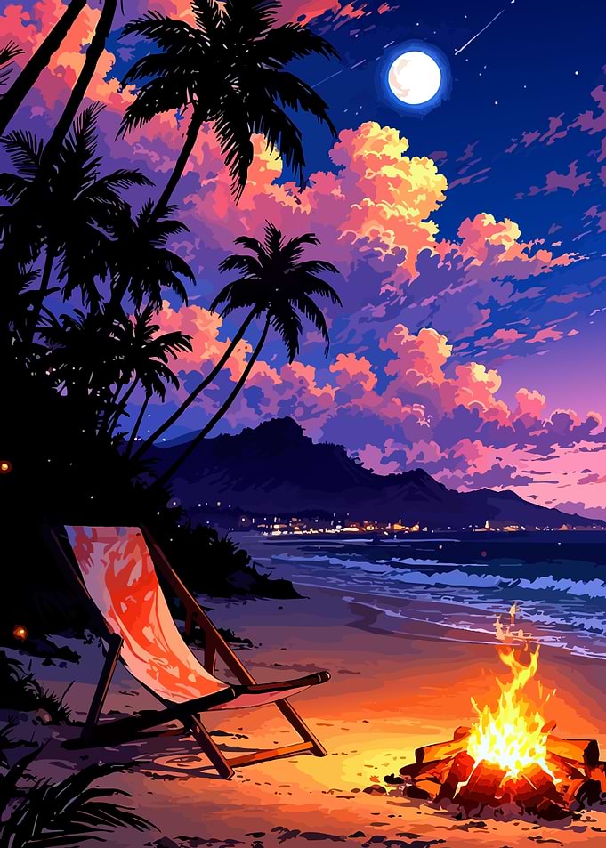 Tropical Beach Night with Bonfire