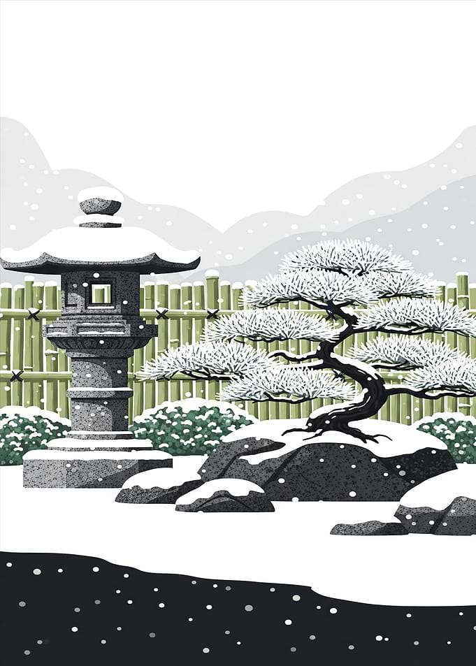 Snowy Japanese Garden Scene