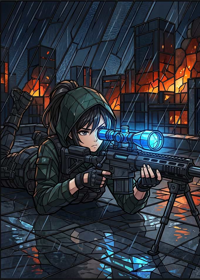 Anime Sniper in Rainy Cityscape