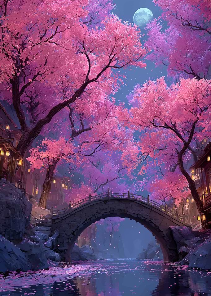 Enchanting Cherry Blossom Bridge at Night