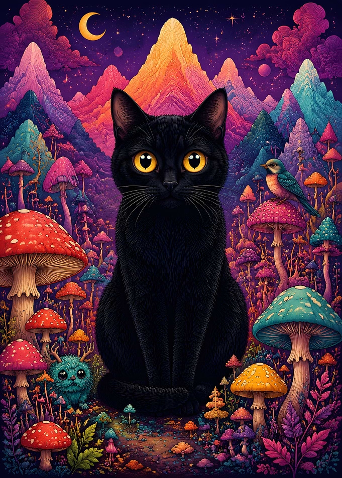 Black Cat in a Psychedelic Mushroom Forest