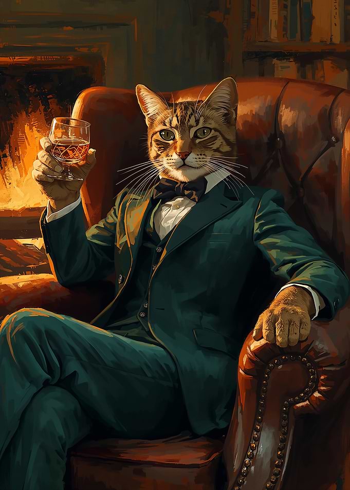 Anthropomorphic Cat in Suit with Drink