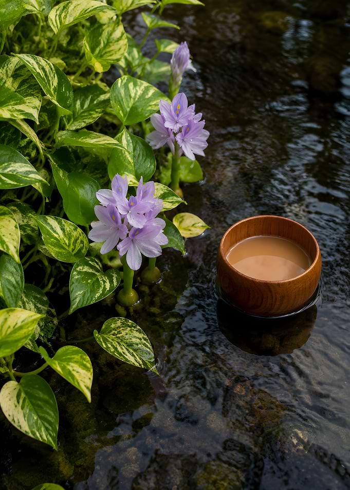Coffee in a Wooden Bowl on Water
