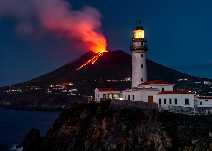 Volcano Erupting Near Lighthouse