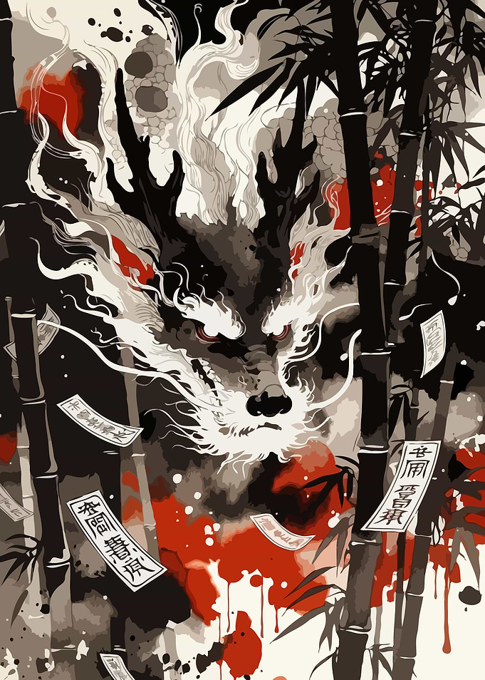 Dragon amidst Bamboo and Blood Splatter