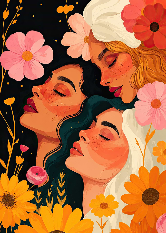 Three Women Surrounded by Flowers Portrait