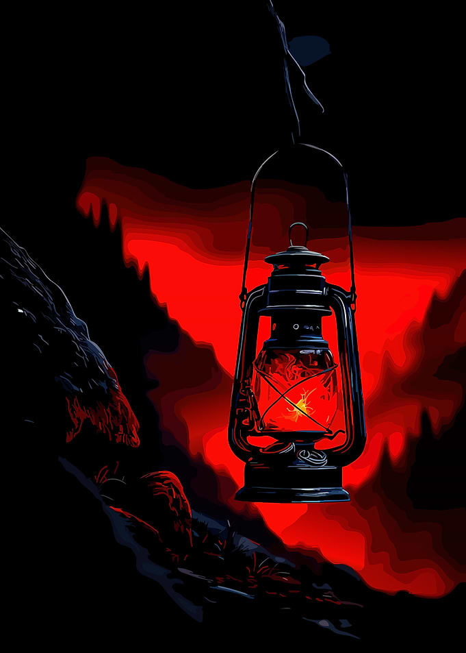 Lantern in a dark, red landscape