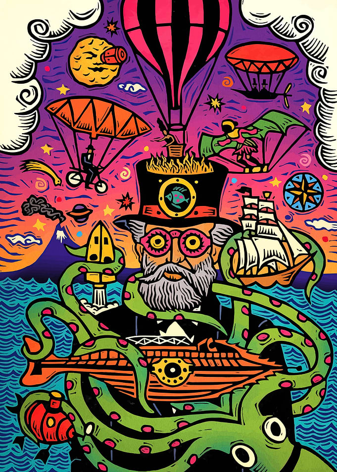Steampunk Inventor with Octopus and Flying Machines