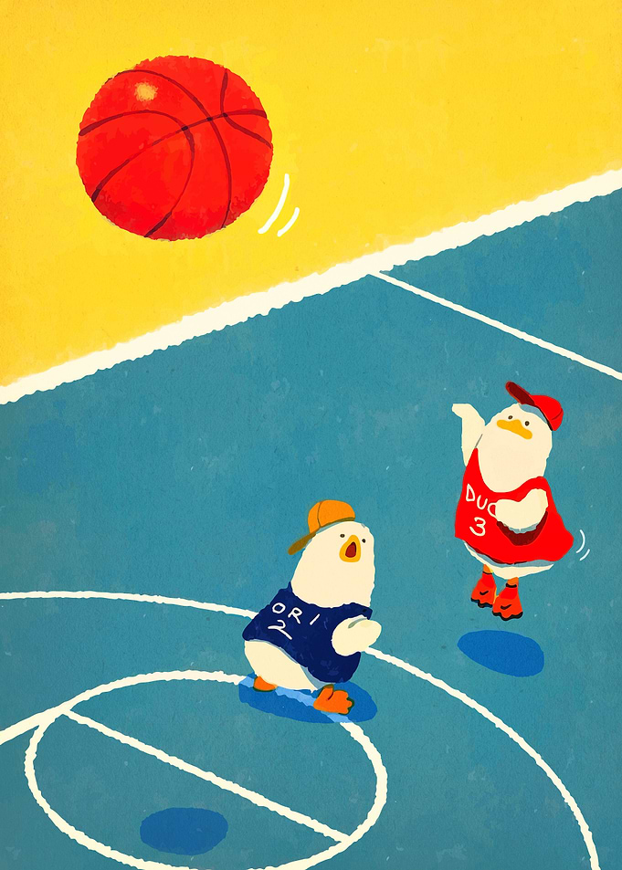 Ducks playing basketball