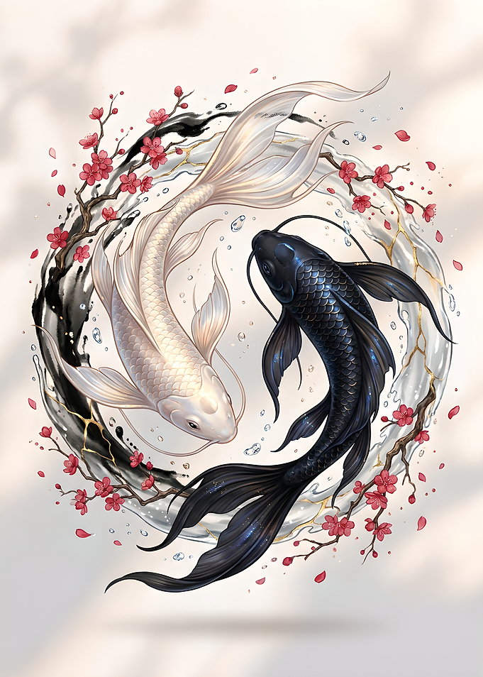 Yin Yang Koi Fish with Cherry Blossoms
