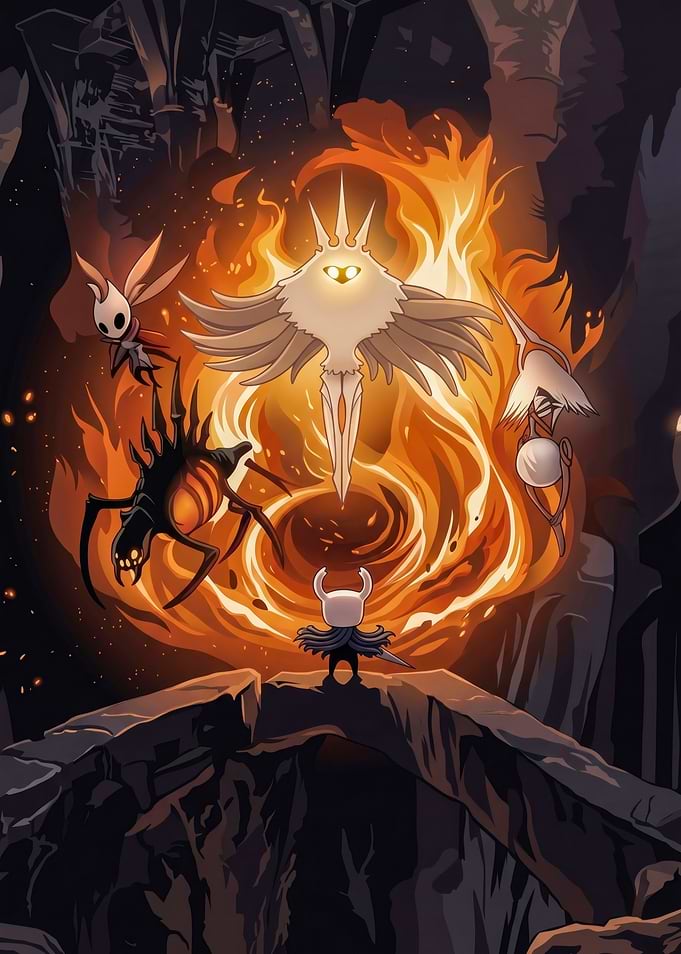 Hollow Knight Characters in Fiery Scene