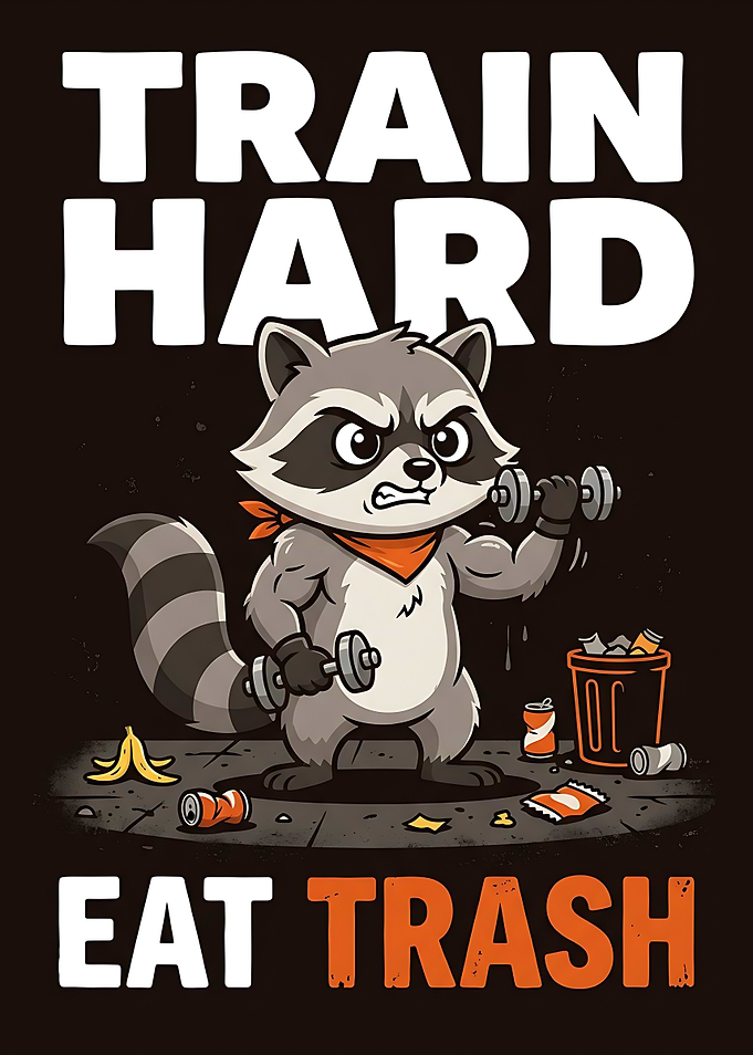 Gym Print — Train Hard Eat Trash Raccoon Funny Poster, Framed Workout Wall Art, Gym Humor Decor, Funny Fitness