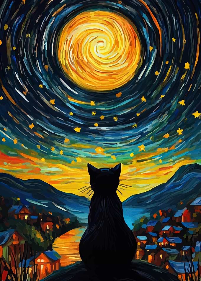 Black Cat Under Starry Sky