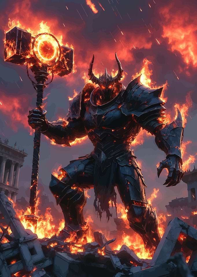 Fiery Demon Warrior with Hammer