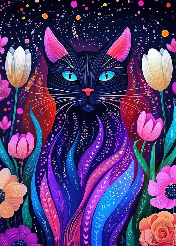 Mystical Black Cat Among Flowers
