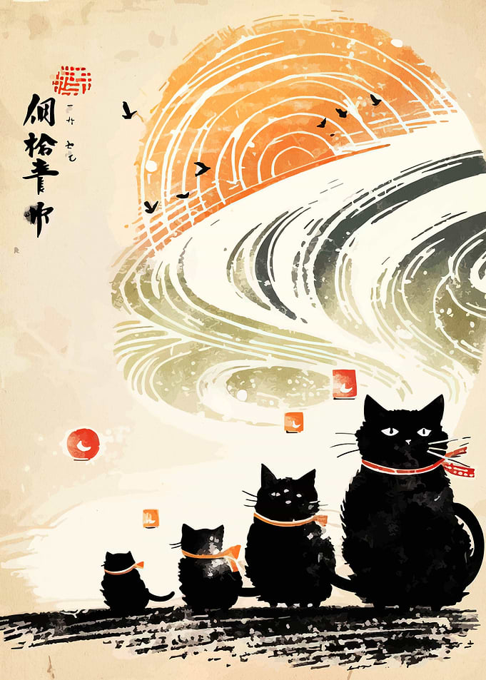 Family of Black Cats by the Water