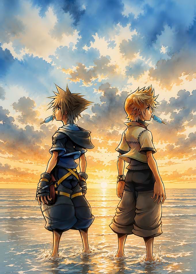 Two boys on a beach at sunset