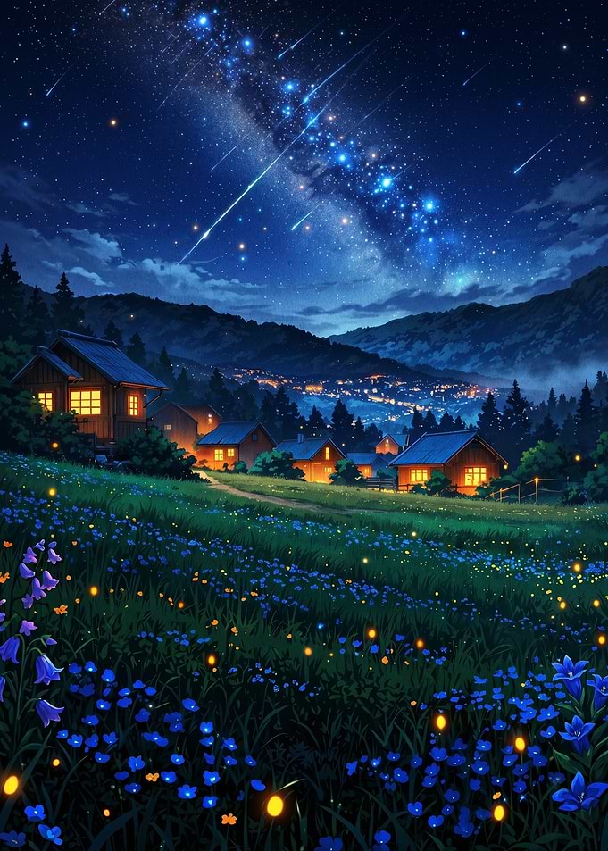 Magical Night Sky Over Village