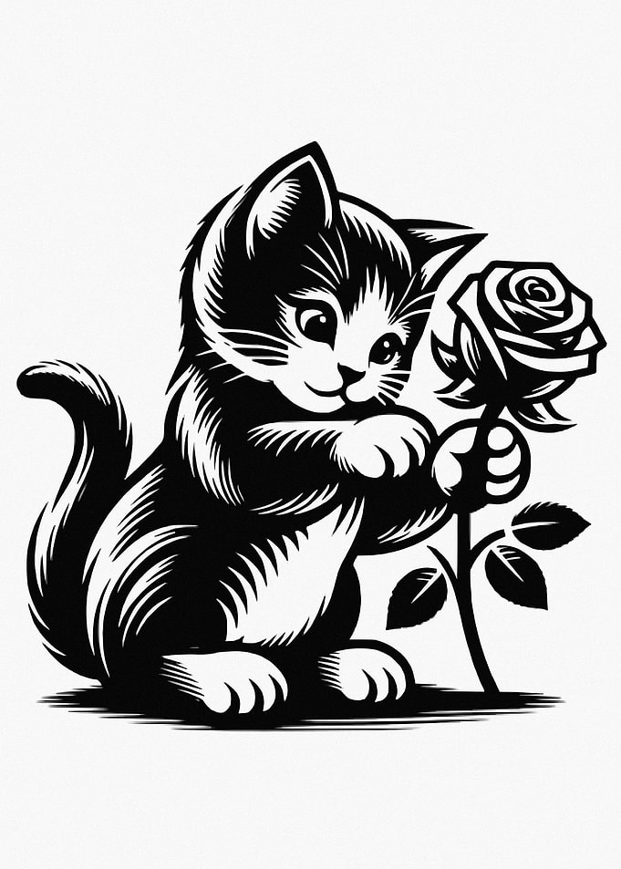Kitten Holding a Rose
