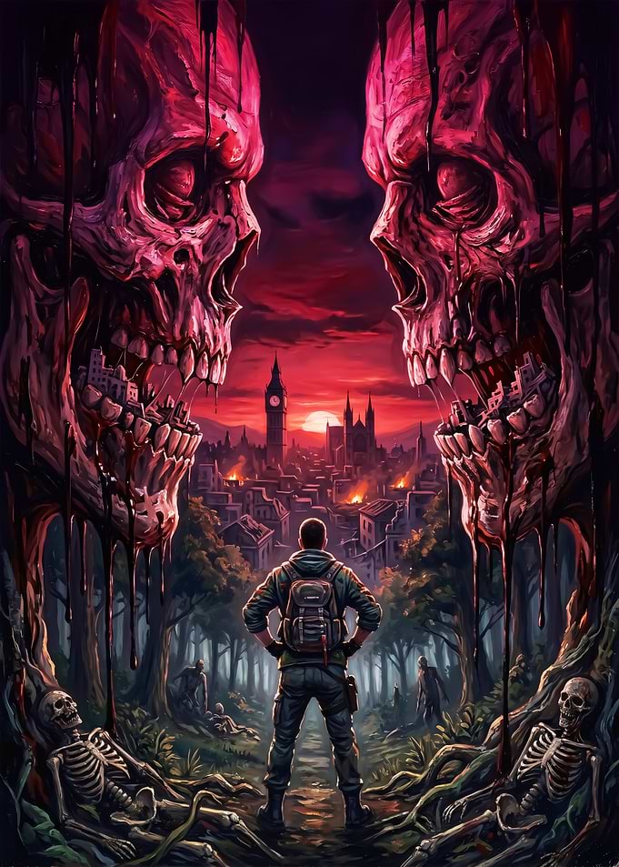 Apocalyptic Survivor in a Skull-Framed Cityscape