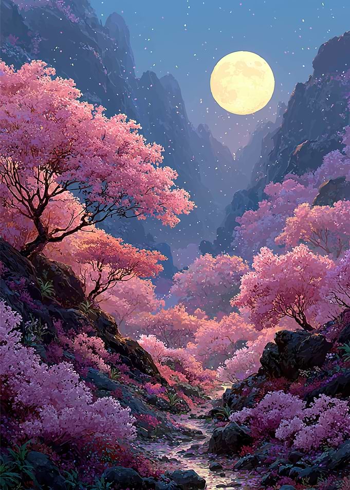 Moonlit Cherry Blossom Valley