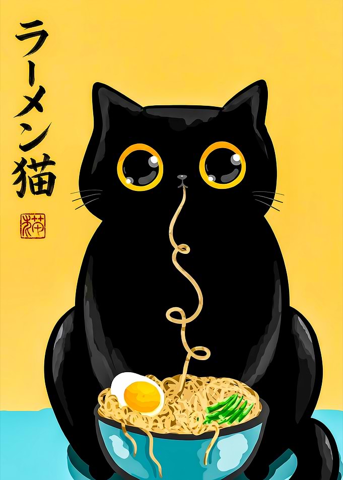 Black Cat Eating Ramen