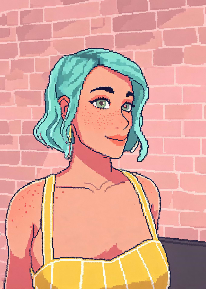 Pixel Art Woman with Blue Hair