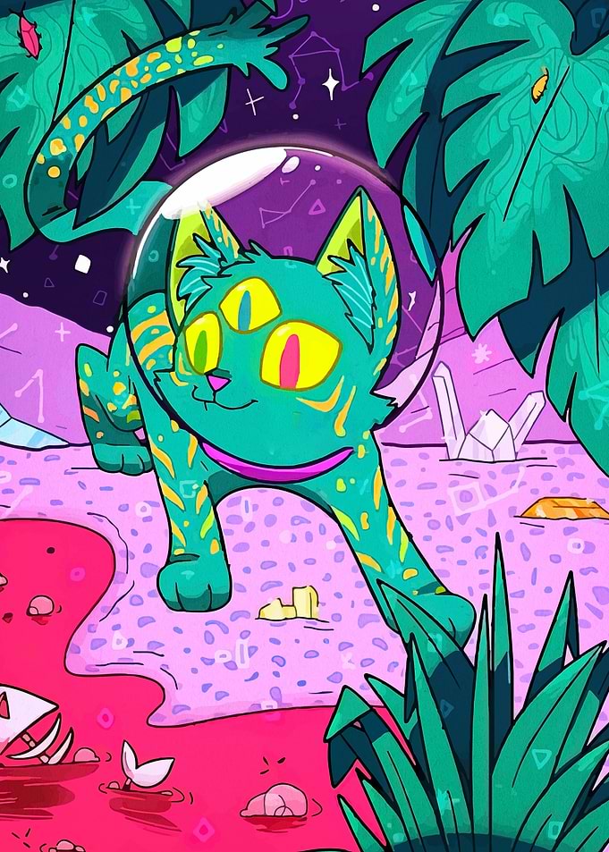 Alien Cat in Space Jungle