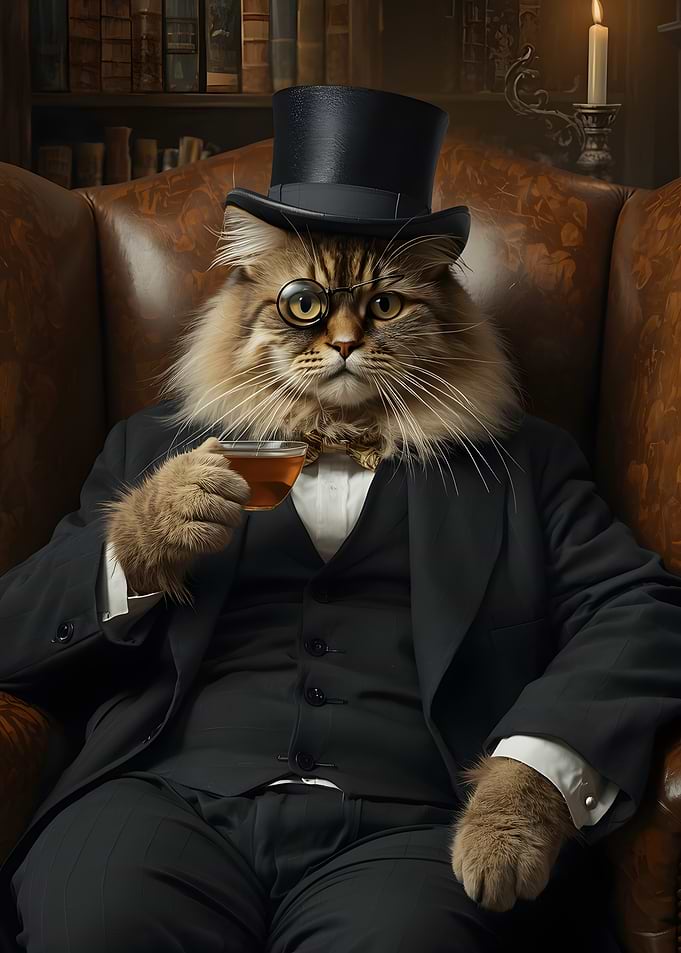 Dapper Cat in a Top Hat with Tea